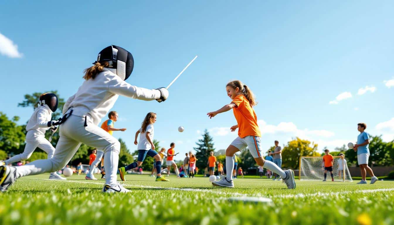 découvrez comment 130 enfants à la flèche s'initient à l'escrime, au hockey sur gazon et au disc-golf, explorant ainsi le plaisir du sport et développant des compétences tout en s'amusant.